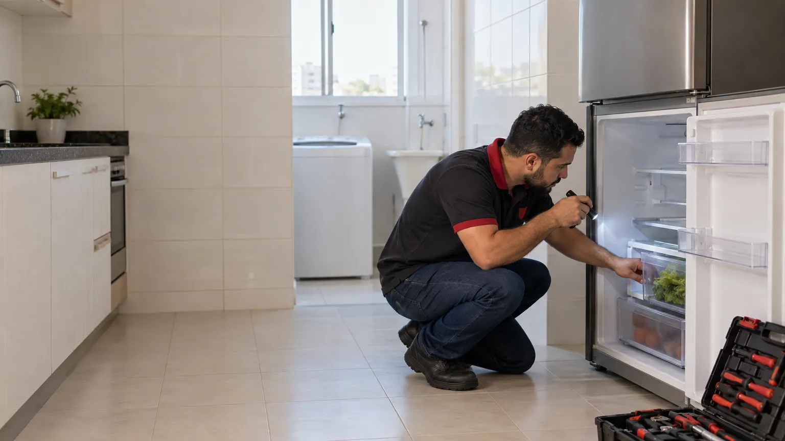 Técnico da GRUPOSERV consertando uma geladeira na cozinha de um cliente