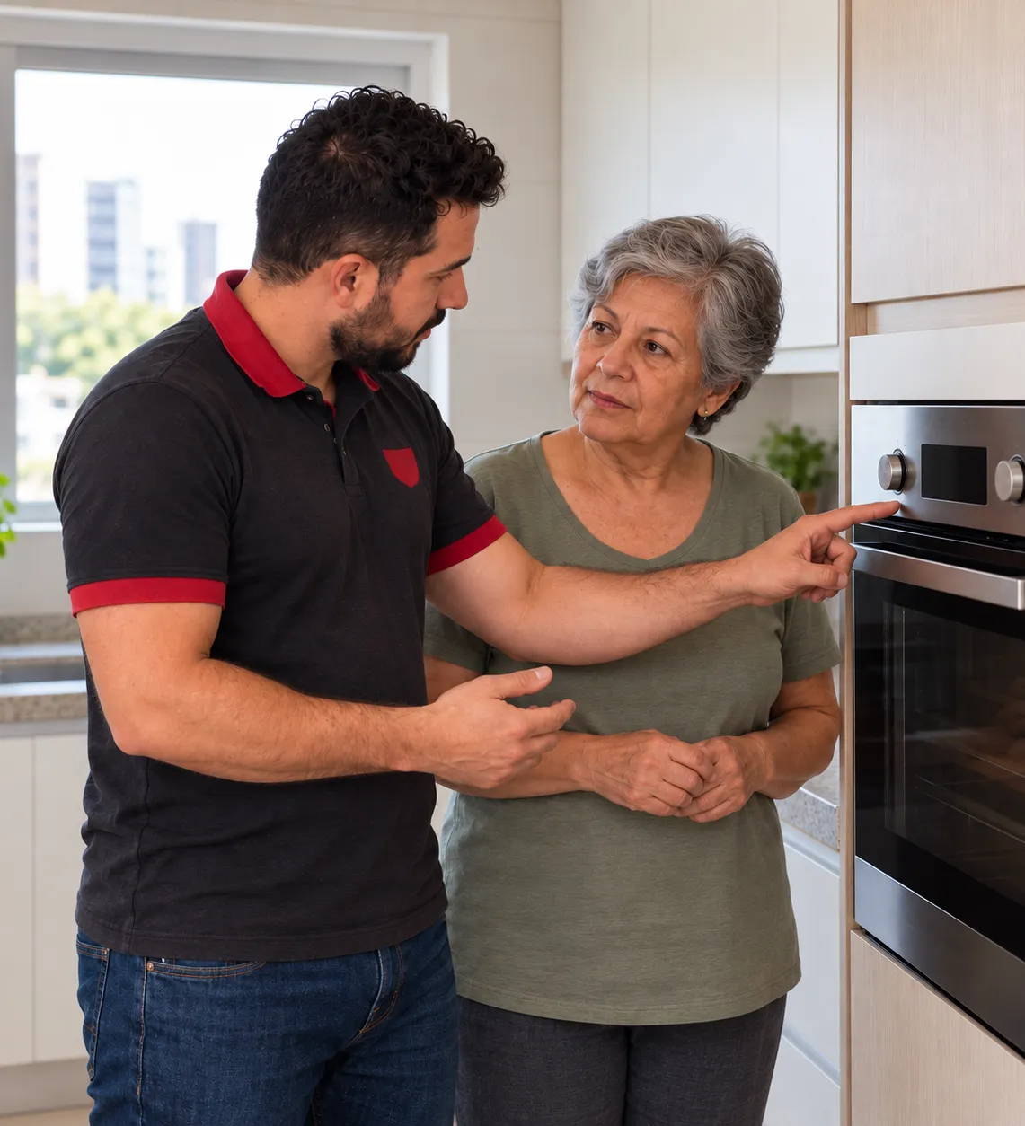Técnico da GRUPOSERV explicando o conserto para uma cliente