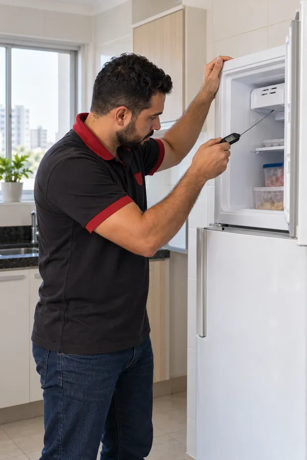 Técnico verificando a geladeira de um cliente