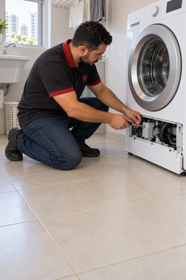 Técnico consertando uma máquina de lavar